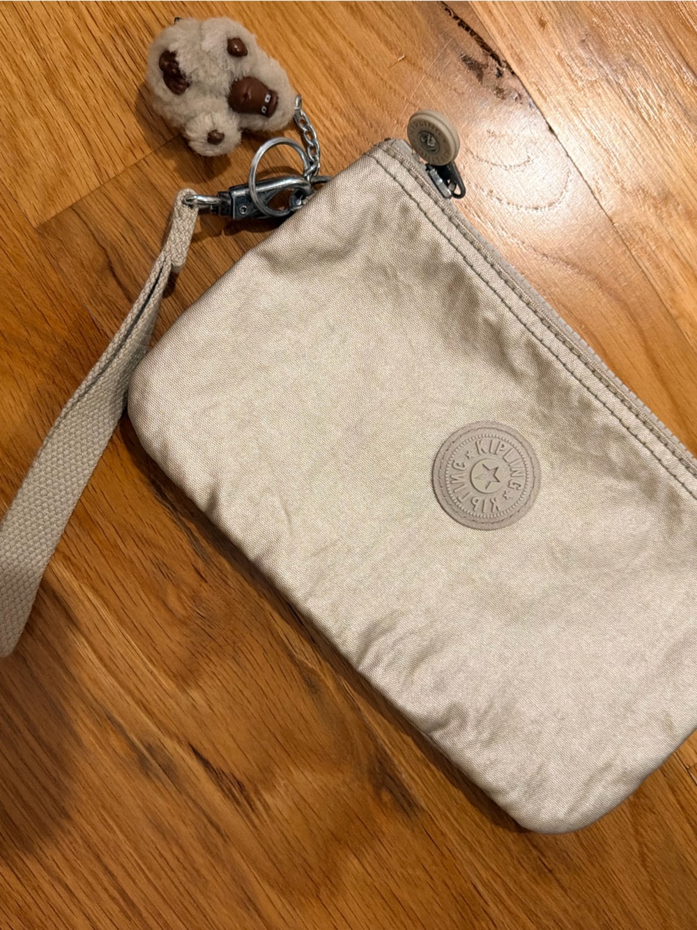 Kipling Neutral Beige Wristlet Pouch with Key Charm